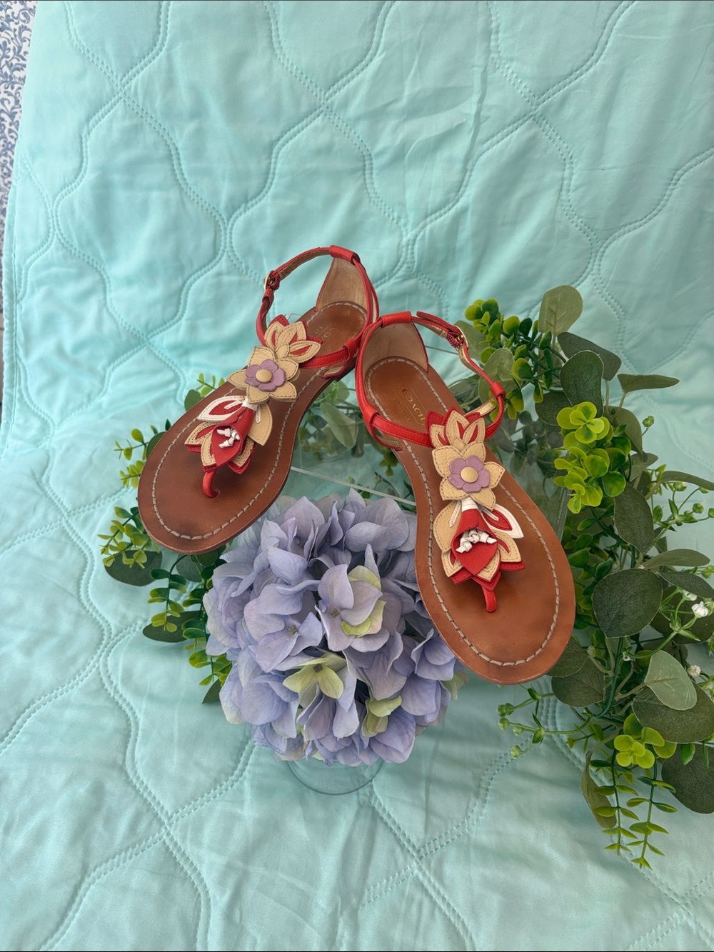 Coach Red Floral Appliqué T-Strap Sandals